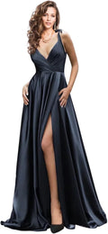 Women'S a Line Spaghetti Strap Wrap Prom Dresses Long Slit Ball Gown Formal Evening Dress with Pockets Navy Blue US8