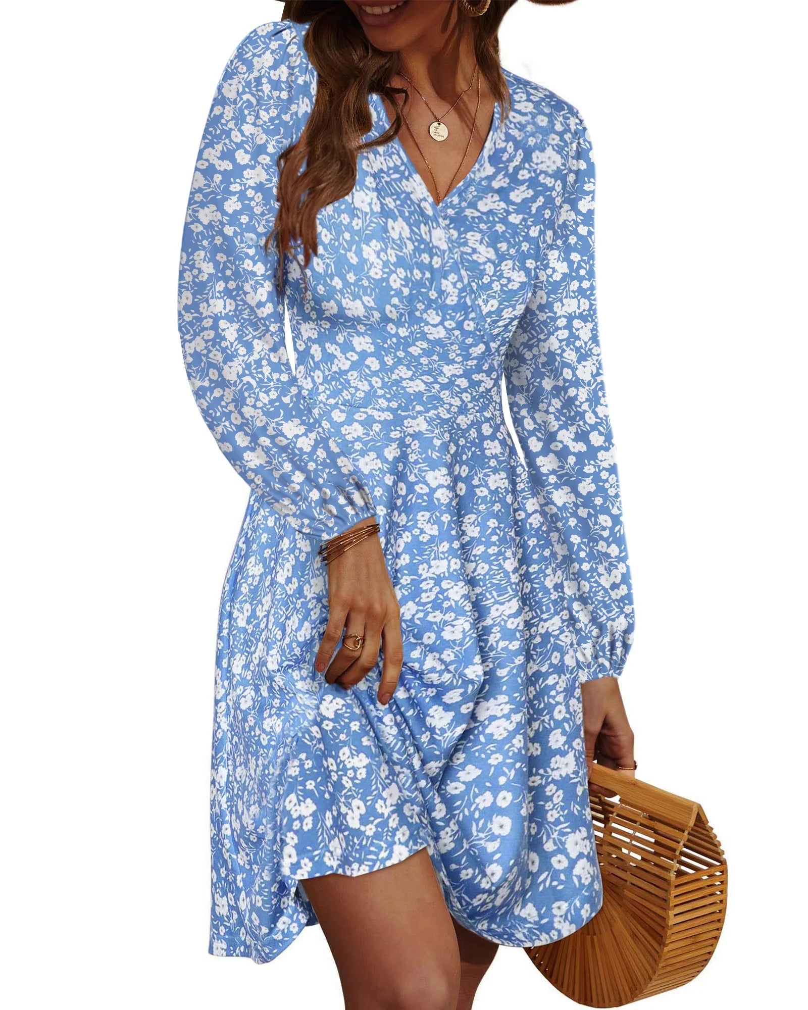 Fall Dresses for Women Long Sleeve V Neck A-Line Midi Dress Boho Beach Floral Print Sundress
