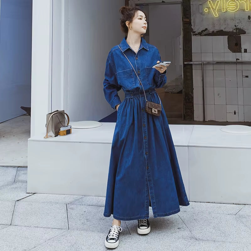 Long Sleeve Denim Dress Women 2021 Spring Summer Fashion Korean Style Maxi Ankle-Length Jeans Ladies Clothes Luxury Outwear