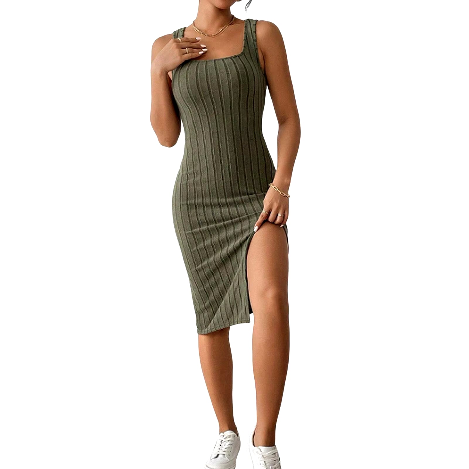 Solid Color Square Neckline Dress Elegant Square Neck Knitted Midi Dress for Women Solid Color Party Commute Dress with Short
