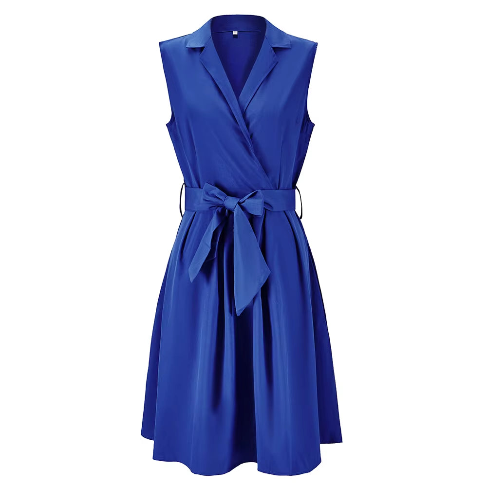 Women Dresses Sleeveless Notched Solid Navy Blue with Bow Sashes Summer A-Line Beach Office Dress 2025 Burgundy Party Vestidos