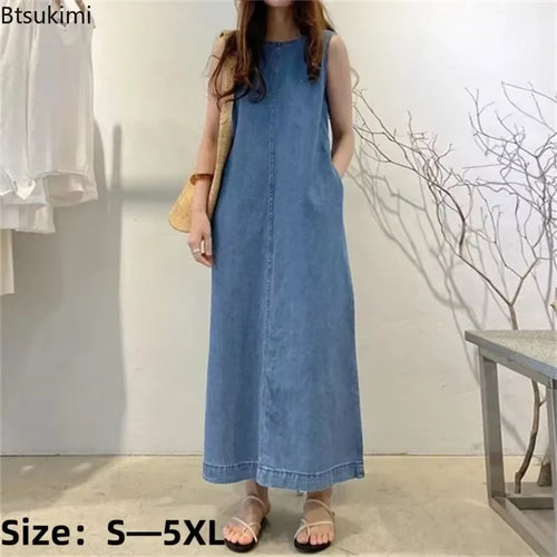 2026 Women'S Summer Sleeveless Jeans Dress Simple Style Solid Elegant Dress Robe Female Pocket Design Commuter Gown Dress 5XL