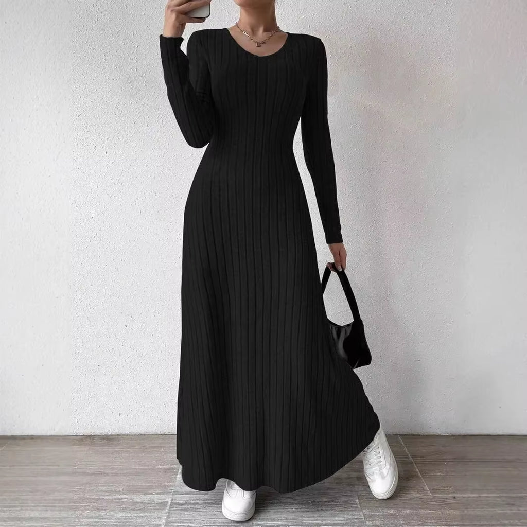 Fashionable Knitted Long Sleeve A- Line Streetwear Dress for Women Smooths and Slims Your Silhouette Solid Color Long Dress