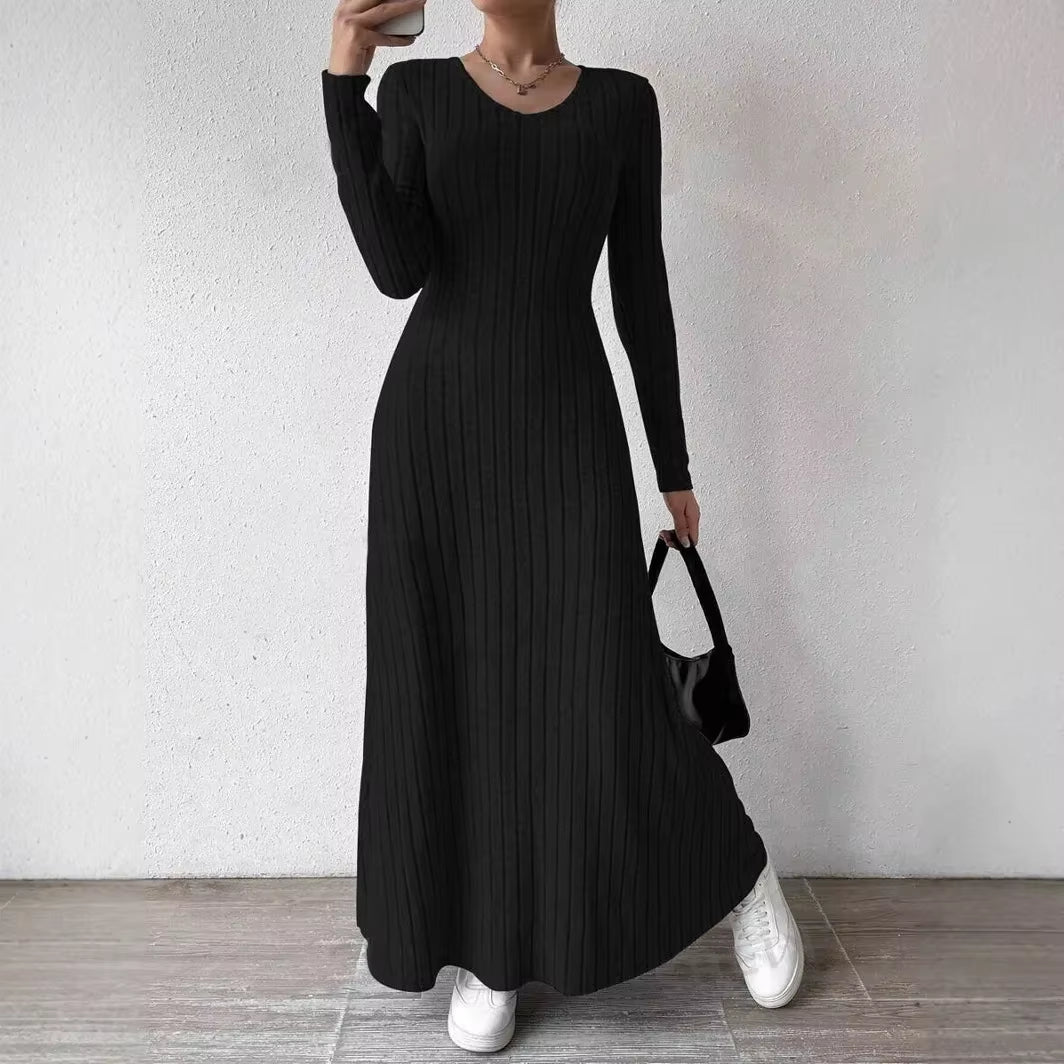Fashionable Knitted Long Sleeve A- Line Streetwear Dress for Women Smooths and Slims Your Silhouette Solid Color Long Dress