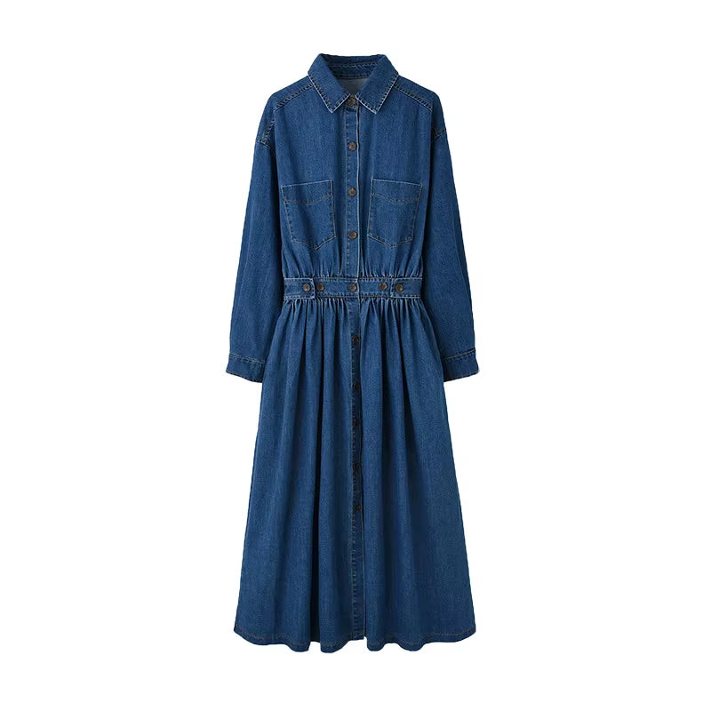 Long Sleeve Denim Dress Women 2021 Spring Summer Fashion Korean Style Maxi Ankle-Length Jeans Ladies Clothes Luxury Outwear